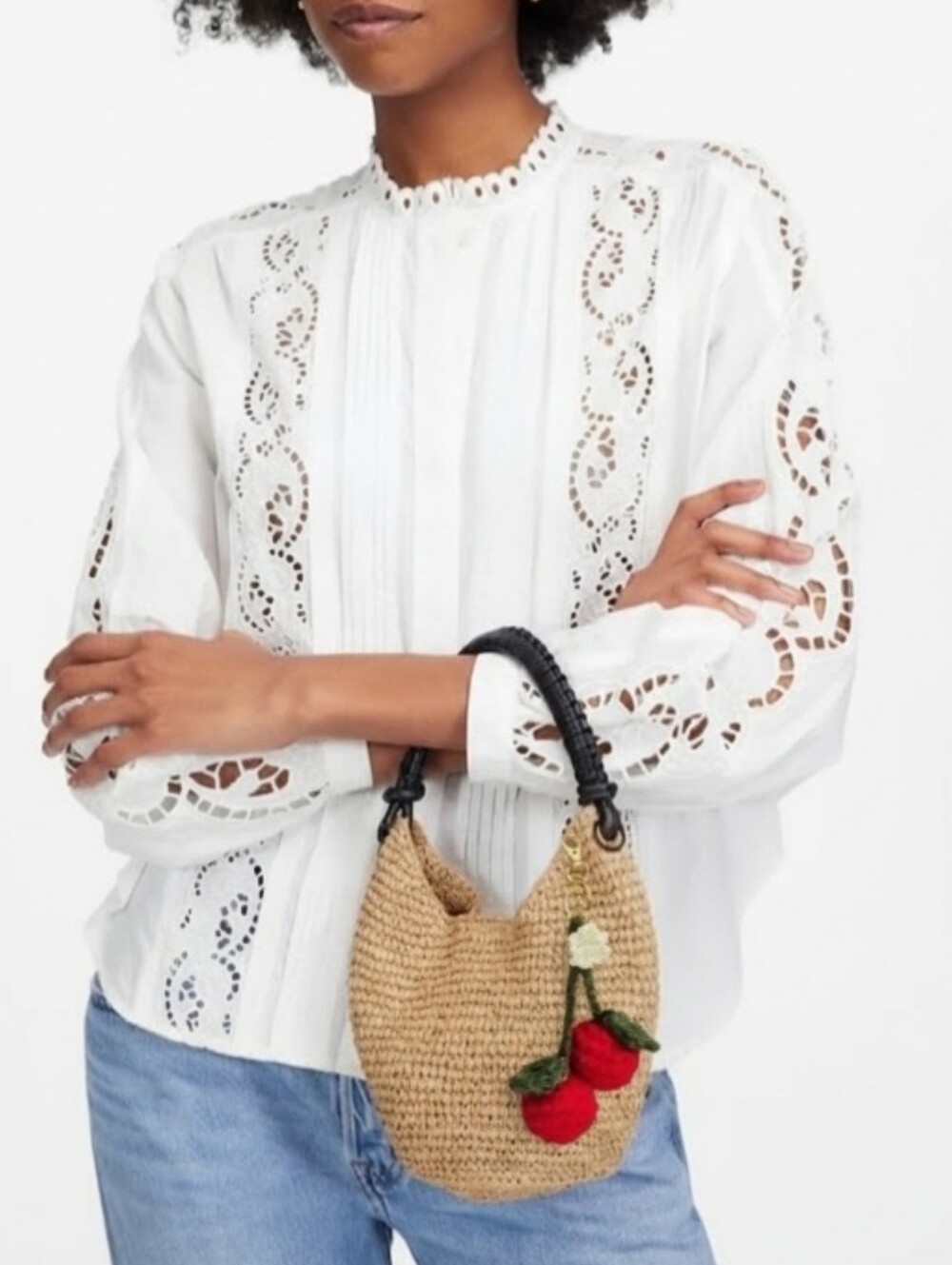 New! Madewell The Camren Mini Bag in Straw with Crochet Cherry Charm